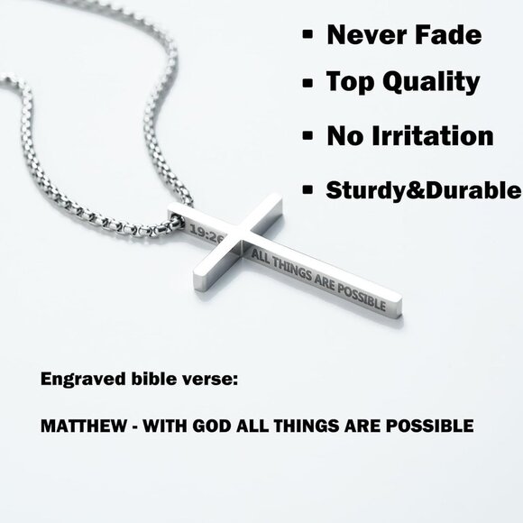 Men 22 Inches/2.5mm Silver/Black Stainless Steel Bible Verse Cross Pendant 2 Pcs - Picture 4 of 6